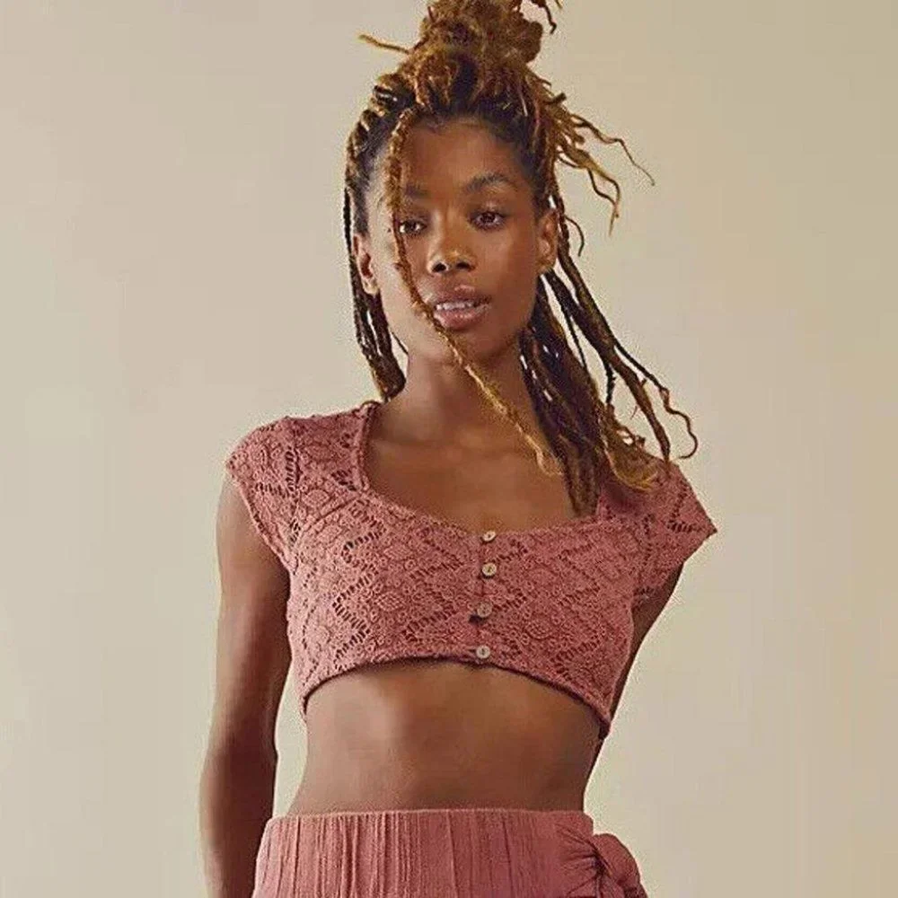 Free People Endless Summer Epic Sunset Cropped Top Crochet Lace Smocke XS